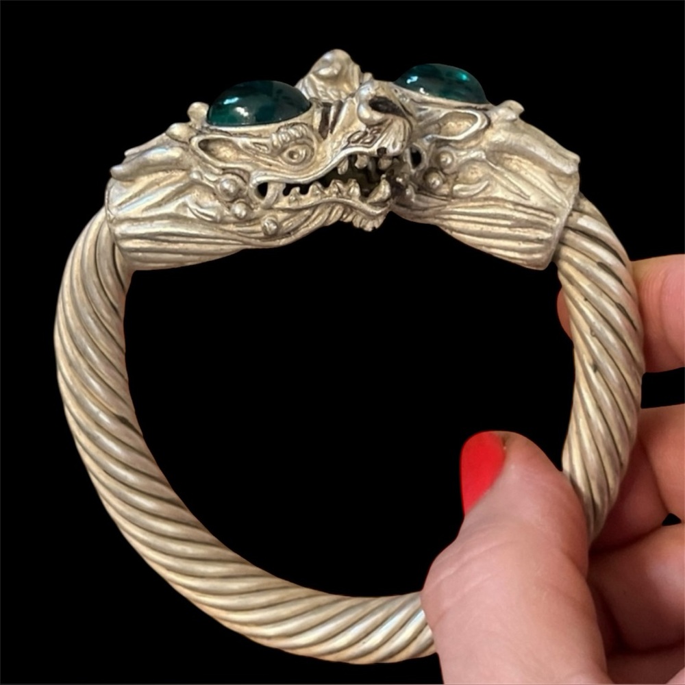 Vintage Double Dragon Heads Silver Tone Bracelet with Green Accents